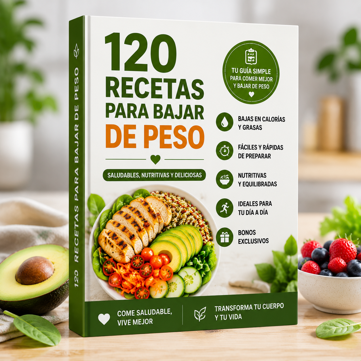 Ebook 120 Recetas Para Bajar de Peso con recetas saludables, fáciles de preparar y opciones nutritivas para mejorar los hábitos alimenticios.