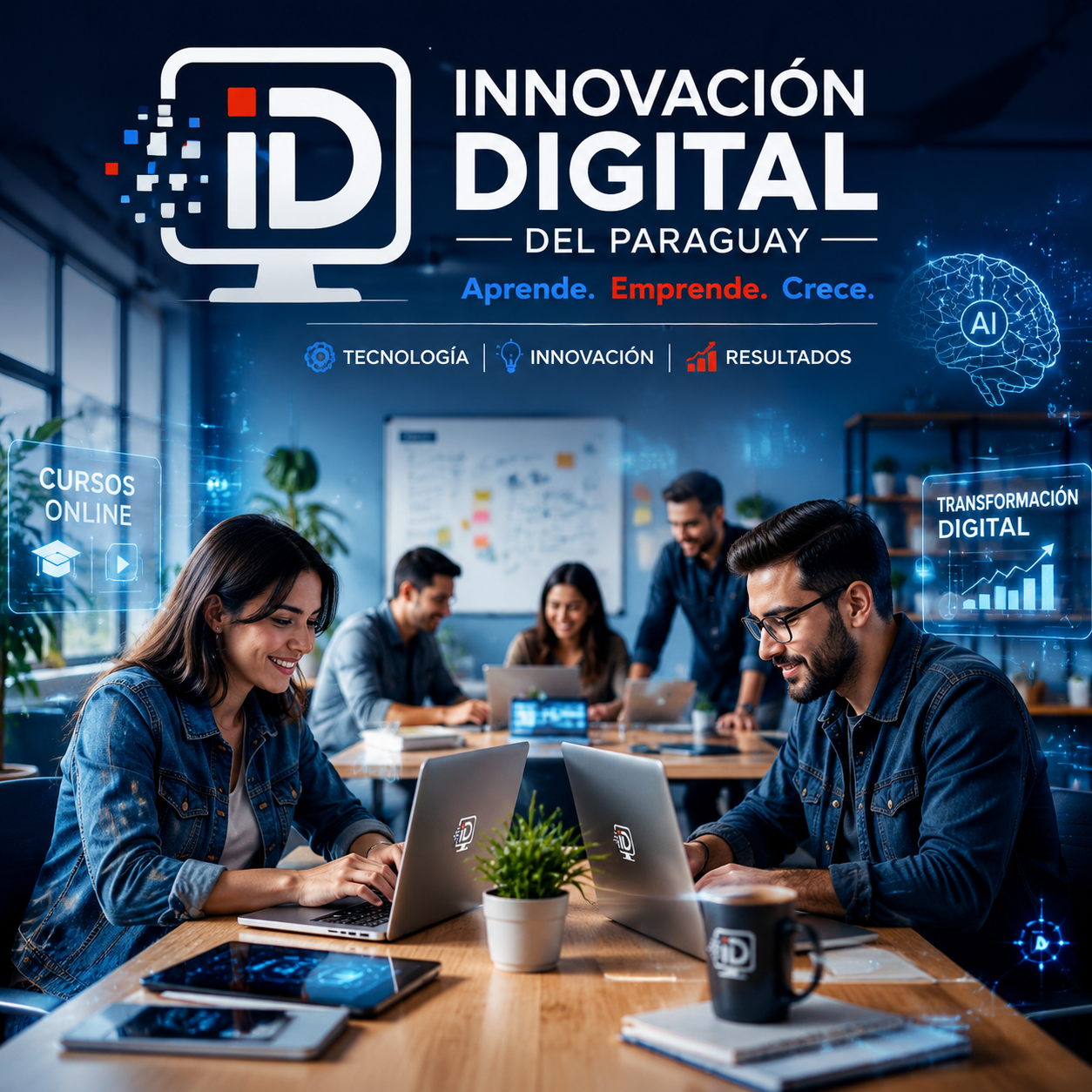 Equipo profesional trabajando en innovación digital, tecnología e inteligencia artificial para impulsar el aprendizaje y crecimiento empresarial.